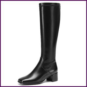 Women's Knee High Boots Square Toe Chunky Heel Stretch Pu Leather
